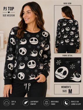 Nightmare before Christmas Black Holiday-Themed Long-Sleeve PJ Top - MEDIUM
